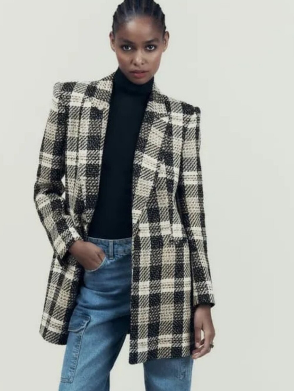 ZARA WOMEN'S LONG TEXTURED CHECK BLAZER Jacket ECRU BLACK Size Medium NWT